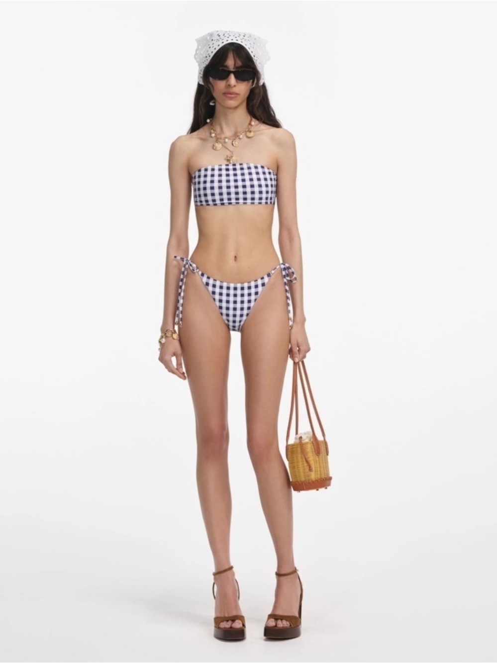 NEW Self-Portrait Navy Gingham Bikini Top & Bottom Removable Strap | US 2 UK 6